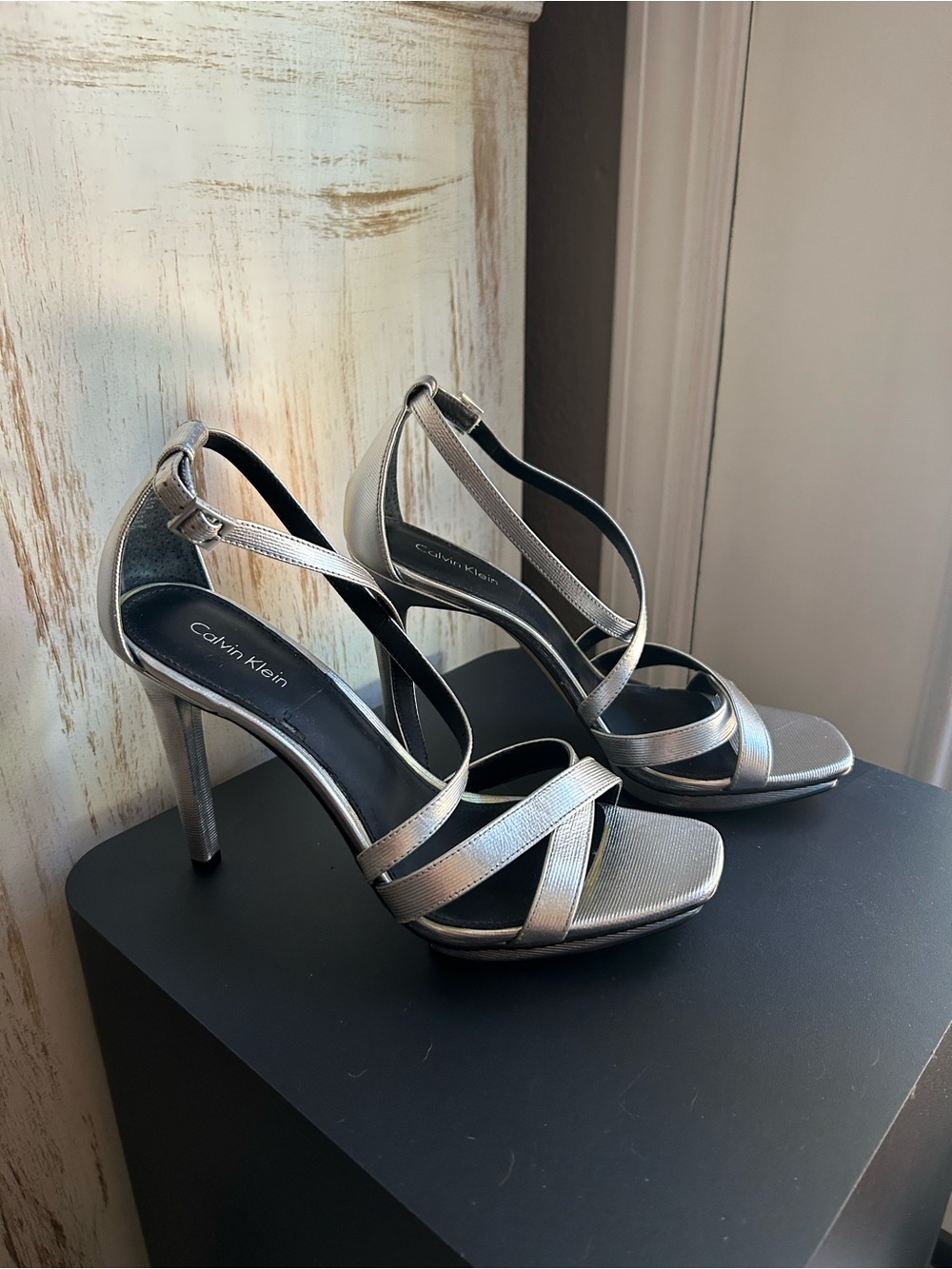 Calvin Klein Metallic Silver Strappy Stiletto Sandals